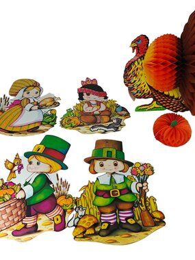 Vintage Beistle Thanksgiving Cardboard Die-Cuts Décor Lot Pilgrims & Turkey 1978